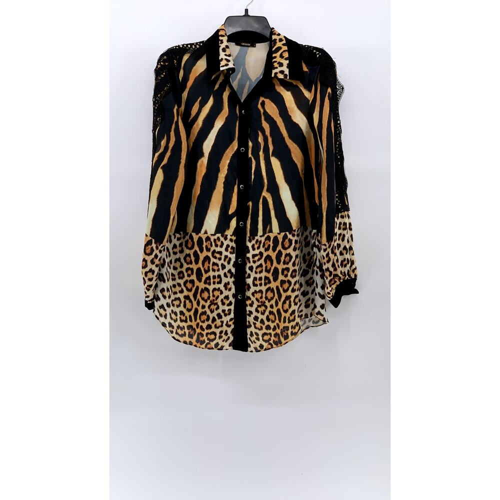 GENESE Women's Black-Brown Animal Print Long Sleeve Button-Up Top SZ 2